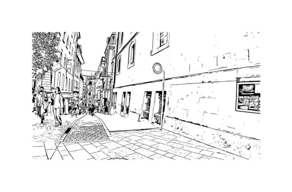 Yazdırma binası manzarası Lozan 'ın simgesi olan İsviçre' de bir şehirdir. Vektörde elle çizilmiş çizim çizimi.