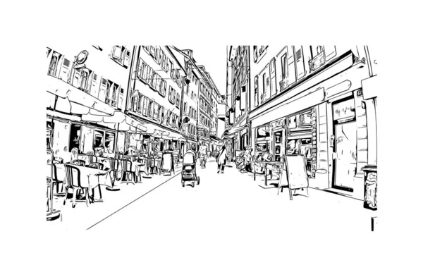 Print Building View Landmark Lausanne City Switzerland Hand Drawn Sketch — Stock vektor