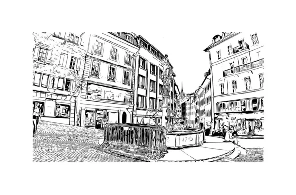 Print Building View Landmark Lausanne City Switzerland Hand Drawn Sketch — 图库矢量图片