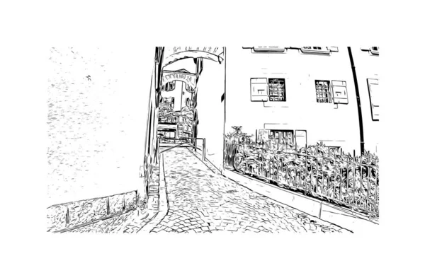 Imprimir Vista Del Edificio Con Hito Lausana Ciudad Suiza Dibujo — Archivo Imágenes Vectoriales