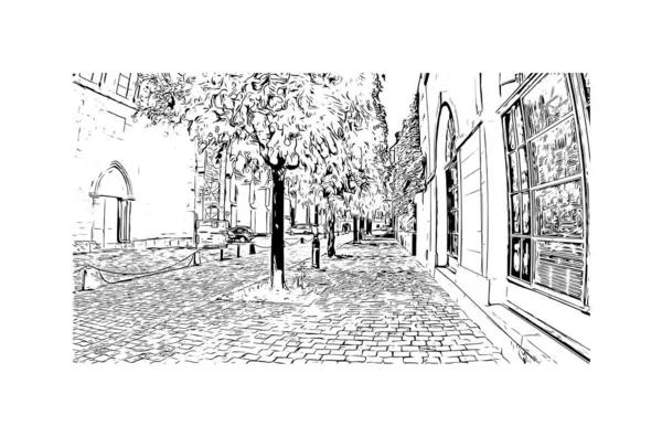 Print Building View Landmark Lausanne City Switzerland Hand Drawn Sketch — Vettoriale Stock