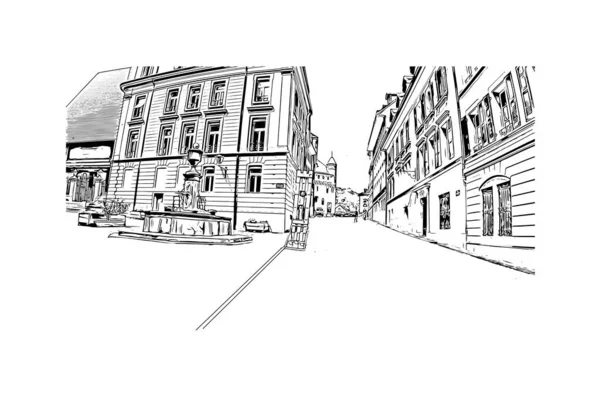 Print Building View Landmark Lausanne City Switzerland Hand Drawn Sketch — Vetor de Stock