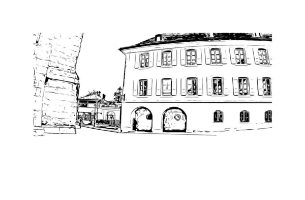 Drukuj Widok Budynku Znakiem Rozpoznawczym Lozanny Miasto Szwajcarii Ręcznie Rysowany — Wektor stockowy