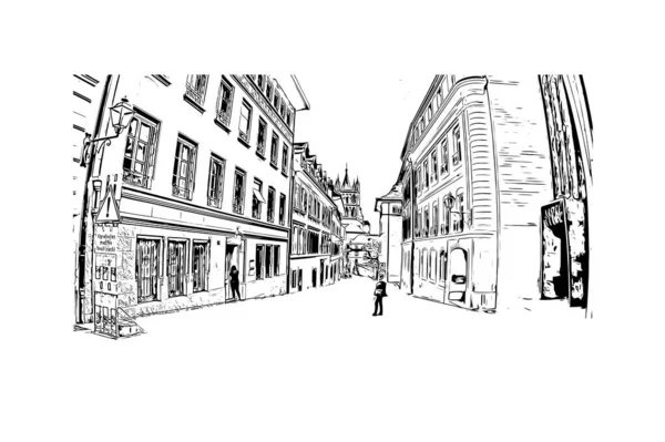 Imprimir Vista Del Edificio Con Hito Lausana Ciudad Suiza Dibujo — Archivo Imágenes Vectoriales