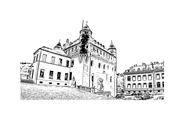Print Building View Landmark Lausanne City Switzerland Hand Drawn Sketch — Stockvektor