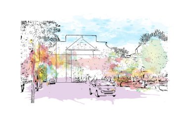 Print Building view with landmark of Lecce is a city of Italy. Vektörde elle çizilmiş resim ile suluboya sıçraması.