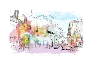 Print Building view with landmark of Lecce is a city of Italy. Vektörde elle çizilmiş resim ile suluboya sıçraması.