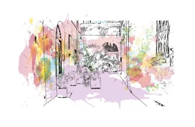 Print Building view with landmark of Lecce is a city of Italy. Vektörde elle çizilmiş resim ile suluboya sıçraması.