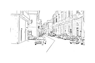 Print Building view with landmark of Lecce is a city of Italy. Vektörde elle çizilmiş çizim çizimi.