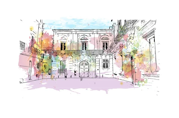 Vytisknout Pohled Budovu Orientačním Bodem Lecce Město Itálii Akvarelové Stříknutí — Stockový vektor