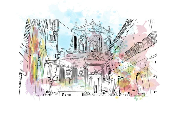 莱切的标志性建筑是意大利的一个城市 矢量手绘示意图水彩画 — 图库矢量图片