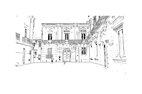 Drukuj Widok Budynku Znakiem Rozpoznawczym Lecce Miasto Włoszech Ręcznie Rysowany — Wektor stockowy