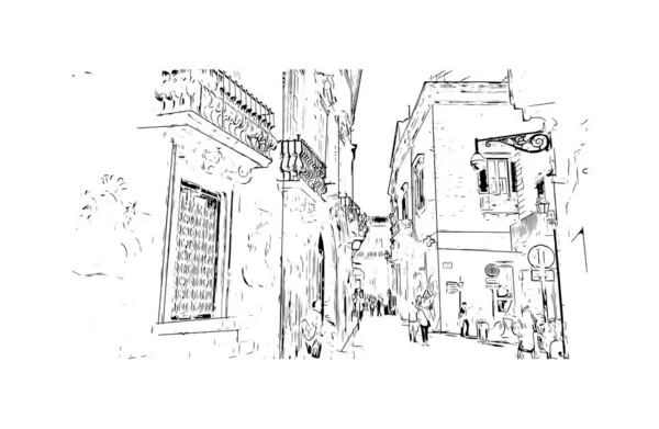 Print Building View Landmark Lecce City Italy Hand Drawn Sketch — Vetor de Stock