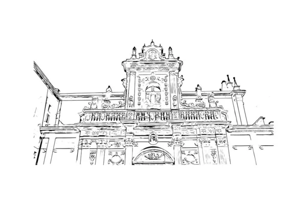 Print Building View Landmark Lecce City Italy Hand Drawn Sketch — Vetor de Stock