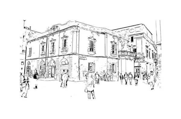 Drukuj Widok Budynku Znakiem Rozpoznawczym Lecce Miasto Włoszech Ręcznie Rysowany — Wektor stockowy