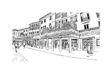 Lecco 'nun simgesi olan Print Building Manzarası İtalya' daki bir şehirdir. Vektörde elle çizilmiş çizim çizimi.