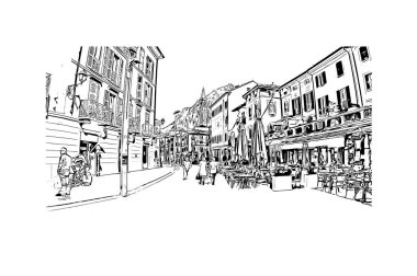 Lecco 'nun simgesi olan Print Building Manzarası İtalya' daki bir şehirdir. Vektörde elle çizilmiş çizim çizimi.