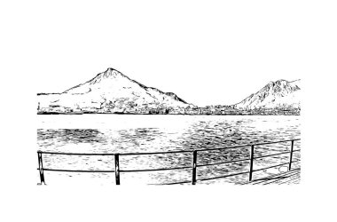 Lecco 'nun simgesi olan Print Building Manzarası İtalya' daki bir şehirdir. Vektörde elle çizilmiş çizim çizimi.