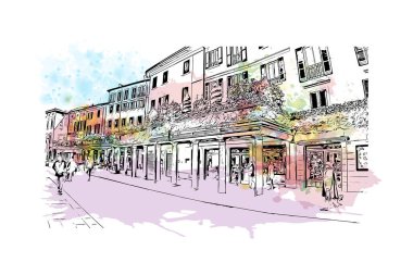 Lecco 'nun simgesi olan Print Building Manzarası İtalya' daki bir şehirdir. Vektörde elle çizilmiş resim ile suluboya sıçraması.