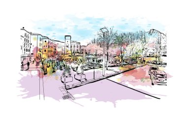 Lecco 'nun simgesi olan Print Building Manzarası İtalya' daki bir şehirdir. Vektörde elle çizilmiş resim ile suluboya sıçraması.