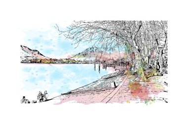 Lecco 'nun simgesi olan Print Building Manzarası İtalya' daki bir şehirdir. Vektörde elle çizilmiş resim ile suluboya sıçraması.