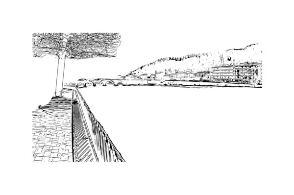 Imprimer Vue Bâtiment Avec Monument Lecco Est Ville Italie Illustration — Image vectorielle