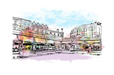 Print Building view with landmark of Leicester, İngiltere 'de bir şehirdir. Vektörde elle çizilmiş resim ile suluboya sıçraması.