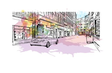 Print Building view with landmark of Leicester, İngiltere 'de bir şehirdir. Vektörde elle çizilmiş resim ile suluboya sıçraması.