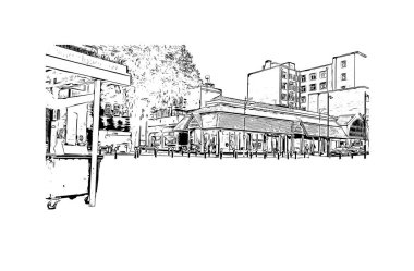 Print Building view with landmark of Leicester, İngiltere 'de bir şehirdir. Vektörde elle çizilmiş çizim çizimi.