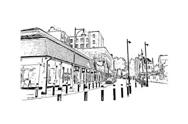 Print Building view with landmark of Leicester, İngiltere 'de bir şehirdir. Vektörde elle çizilmiş çizim çizimi.