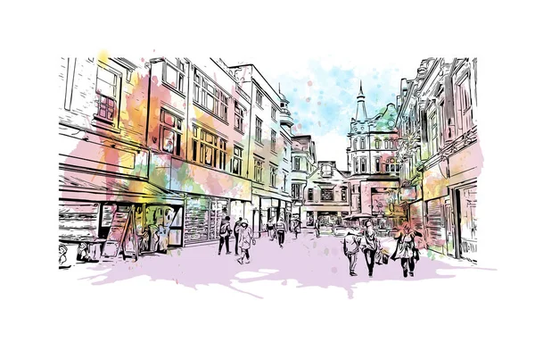 Print Building View Landmark Leicester Stad England Akvarell Stänk Med — Stock vektor