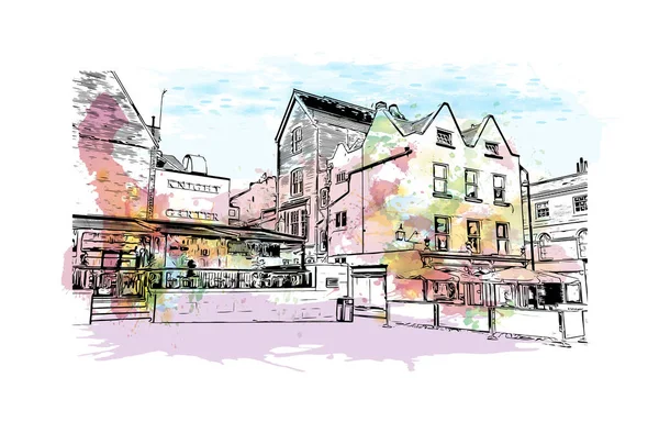 莱斯特的标志性建筑是英国的一个城市 矢量手绘示意图水彩画 — 图库矢量图片