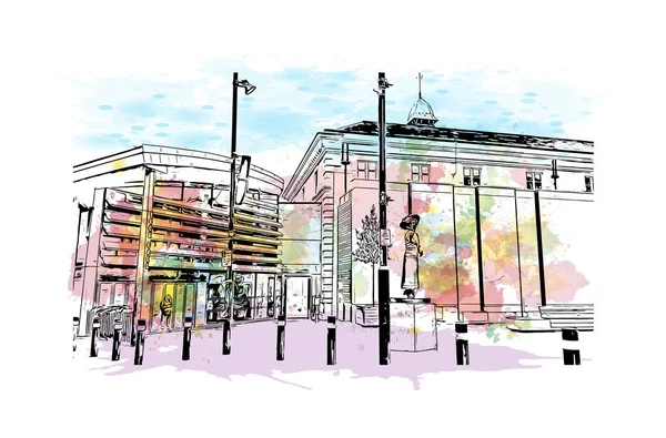 Print Building View Landmark Leicester City England Akvarell Splash Kézzel — Stock Vector