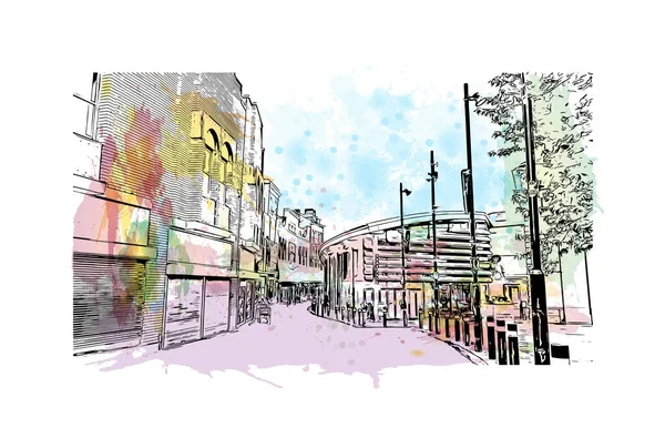Print Building View Landmark Leicester City England Watercolor Splash Hand — Stockvektor