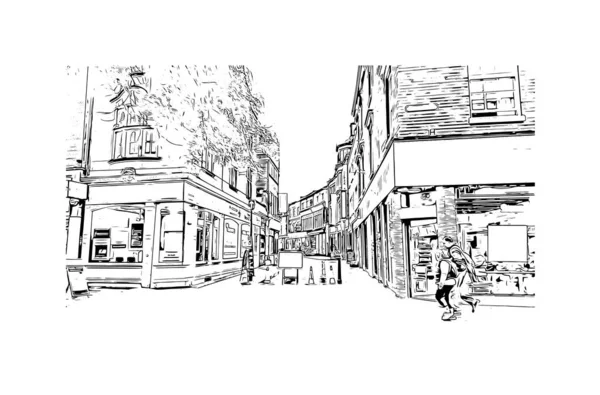 莱斯特的标志性建筑是英国的一个城市 矢量手绘草图 — 图库矢量图片