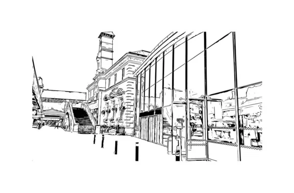 Print Building View Landmark Leicester Ngiltere Bir Şehirdir Vektörde Elle — Stok Vektör