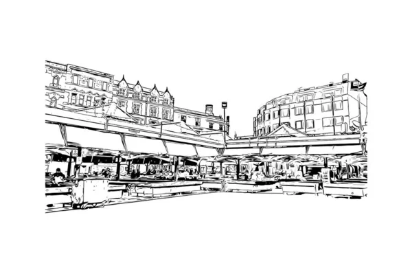 Print Building Vista Com Marco Leicester Uma Cidade Inglaterra Desenho — Vetor de Stock
