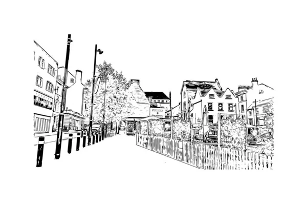 印刷レスターのランドマークとビルのビューは 英国の都市です 手描きのスケッチ図ベクトル — ストックベクタ