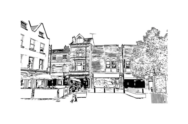 Print Building View Landmark Leicester City England Hand Drawn Sketch — Stock vektor