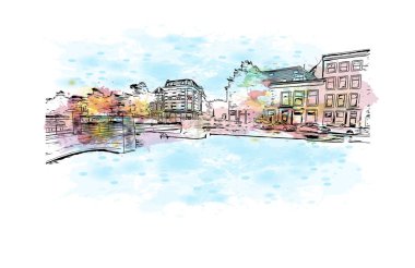 Leiden 'ın simgesi olan Print Building View Hollanda' da bir şehirdir. Vektörde elle çizilmiş resim ile suluboya sıçraması.