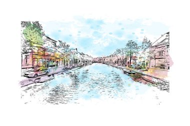 Leiden 'ın simgesi olan Print Building View Hollanda' da bir şehirdir. Vektörde elle çizilmiş resim ile suluboya sıçraması.