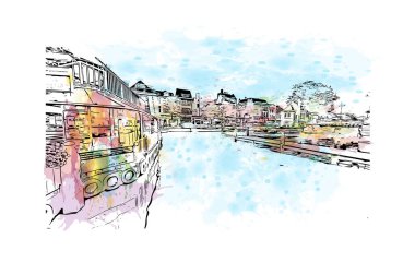 Leiden 'ın simgesi olan Print Building View Hollanda' da bir şehirdir. Vektörde elle çizilmiş resim ile suluboya sıçraması.
