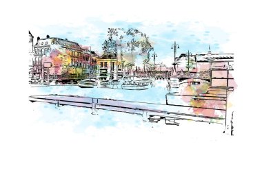 Leiden 'ın simgesi olan Print Building View Hollanda' da bir şehirdir. Vektörde elle çizilmiş resim ile suluboya sıçraması.