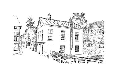 Leiden 'ın simgesi olan Print Building View Hollanda' da bir şehirdir. Vektörde elle çizilmiş çizim çizimi.