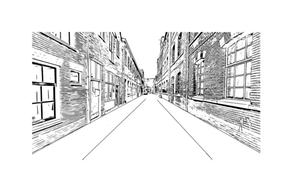 Print Building View Landmark Leiden City Netherlands Hand Drawn Sketch — Vetor de Stock