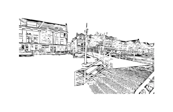 Print Building View Landmark Leiden City Netherlands Hand Drawn Sketch — Stock vektor