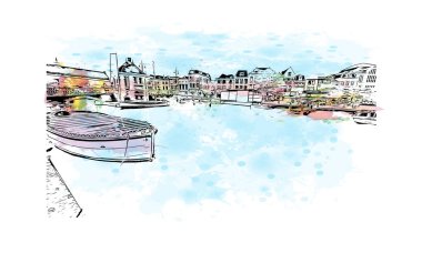 Leiden 'ın simgesi olan Print Building View Hollanda' da bir şehirdir. Vektörde elle çizilmiş resim ile suluboya sıçraması.