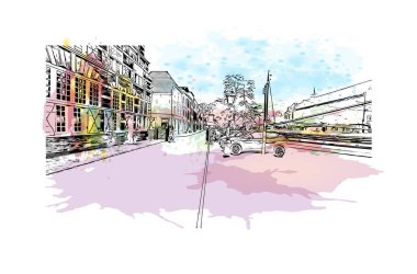 Leiden 'ın simgesi olan Print Building View Hollanda' da bir şehirdir. Vektörde elle çizilmiş resim ile suluboya sıçraması.
