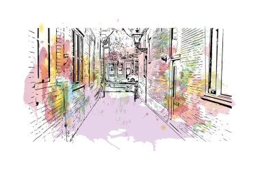  Hollanda 'da Leiden' ın tarihi yapısına sahip bir bina. Vektörde elle çizilmiş resim ile suluboya sıçraması.