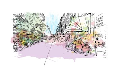  Hollanda 'da Leiden' ın tarihi yapısına sahip bir bina. Vektörde elle çizilmiş resim ile suluboya sıçraması.